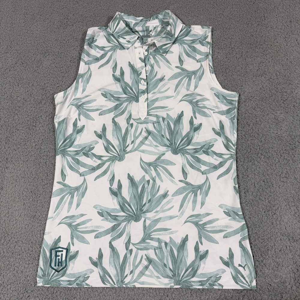 Puma Women's Size Small Palm Sleeveless Polo Shirt White Green Dust "FH" Emblem